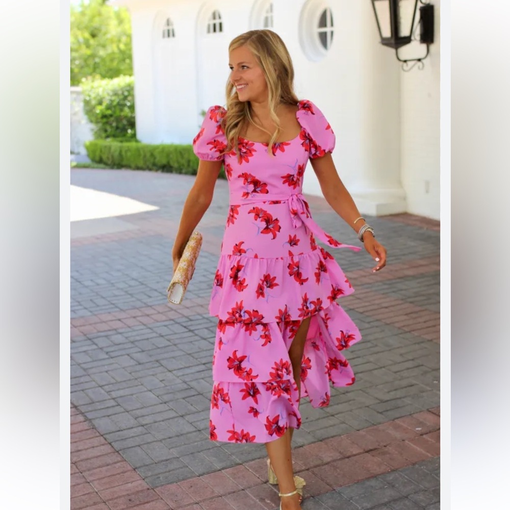 Likely Lottie Puff-sleeve Tiered Ruffle Dress in Red & Pink Multi Sz 0